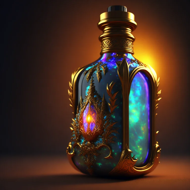 A Vibrant Opal Pearlescent Bottle Of Magic Potion With Gold...