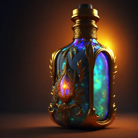 A Vibrant Opal Pearlescent Bottle Of Magic Potion With Gold... — Stable Diffusion AI Prompt: a Vibrant Opal Pearlescent bottle of magic potion with gold and rusty metal deta...