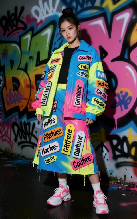 A Beautiful Young Woman In A Graffiti-couture Street-style L...