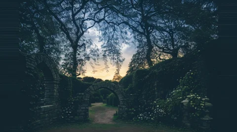 Stone Ancient Arch, Outside Garden With Vines And Ivy Growin... — Stable Diffusion AI Prompt: Stone ancient arch, outside garden with vines and ivy growing up the arch, beaut...