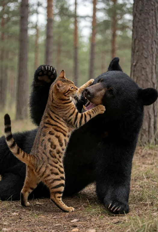A Strong Male Bengal Cat Fighting A Black Bear, The Bengal C...