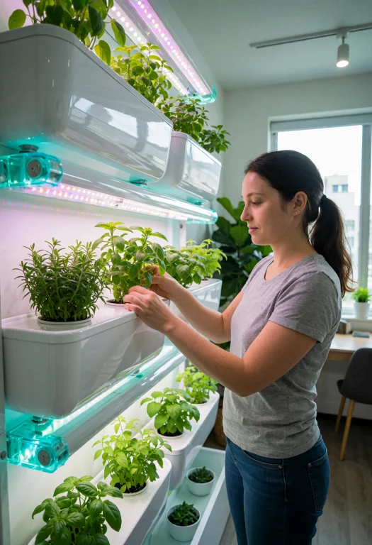 Frutiger Aero, A Woman Tending A Vertical Hydroponic Garden...