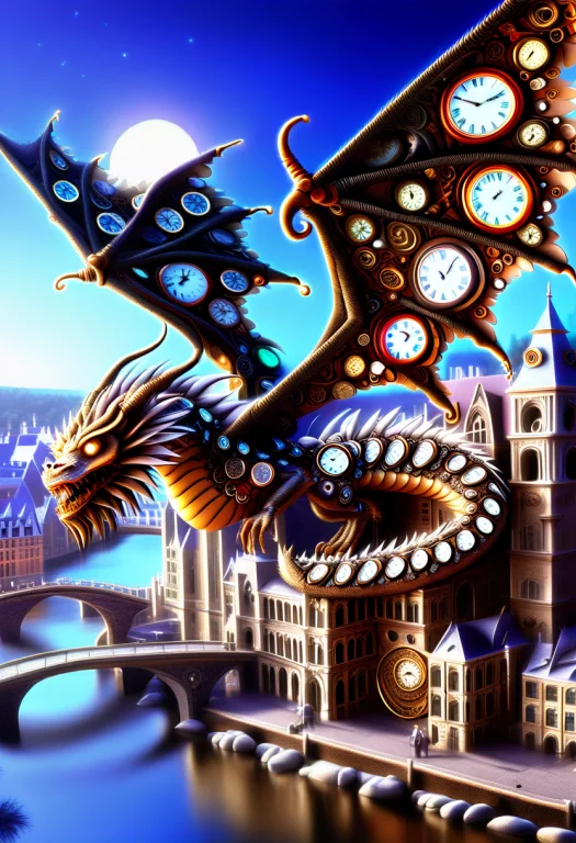 Crescent Moon, City, Boat, Blue Sky, Bridge, Dragon, Bookshe...