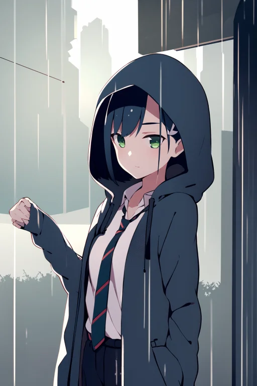 Masterpiece, Best Quality, 1girl, Solo, Hood Up, Striped Nec...