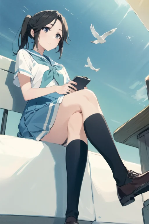 1girl,on Chair, Crossed Legs, From Below, Beach Chair, Blue...