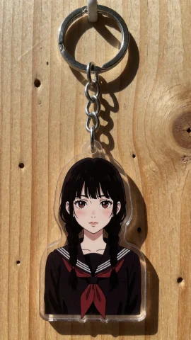 A Product Photograph Of An Anime-style Acrylic Keychain Hang... — Stable Diffusion AI Prompt: A product photograph of an anime-style acrylic keychain hanging on a vertical li...