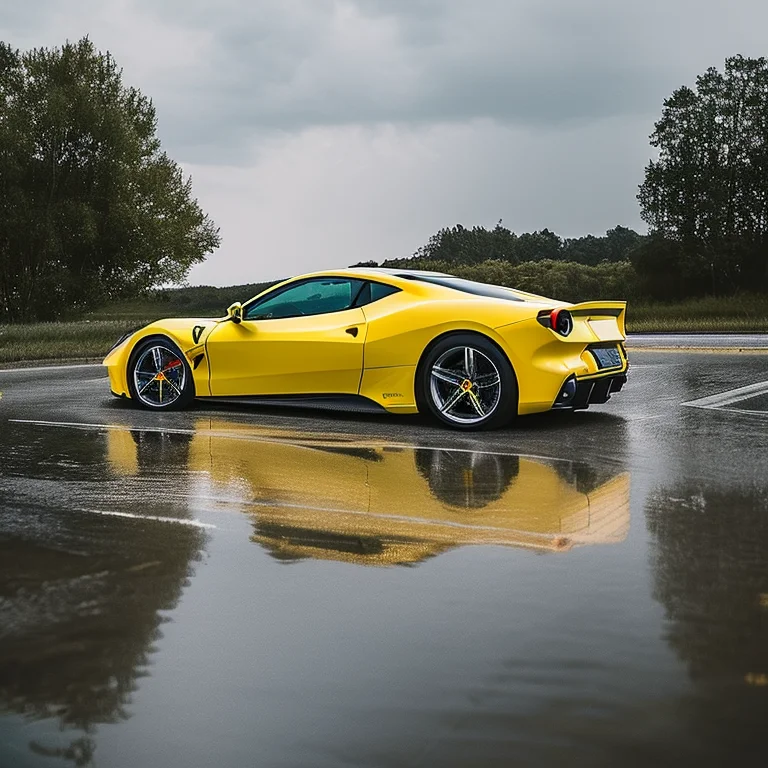 Photo Of A Yellow Ferrari Car, Wet Road, Lightning In Sky, I...