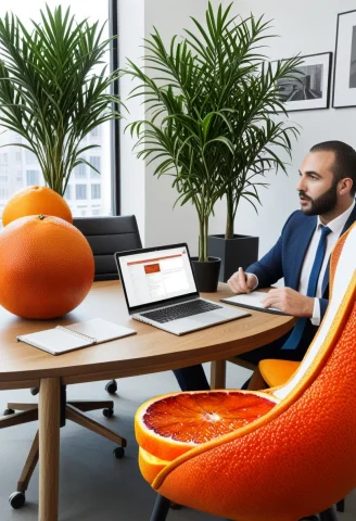 Modern Office, Giant Blood Orange Sitting Across From Three... — SDXL AI Prompt: Modern office, giant blood orange sitting across from three interviewers, résumé...