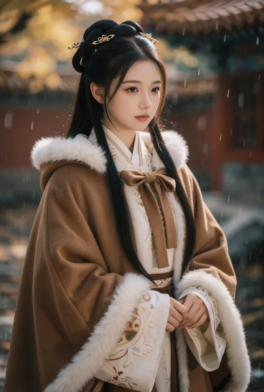 一位年轻女子身着精致的古风服饰,黑色长发梳成典雅的古典发髻,...