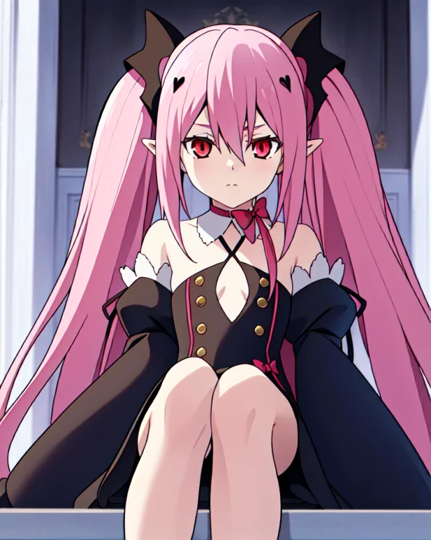 Portrait1.1,krul Tepes,1girl,sitting,solo, Pointyears,pinkha...