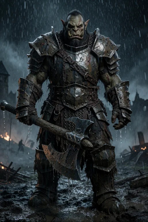 Ultra-photorealistic Dark Fantasy Orc Warrior Standing In A...