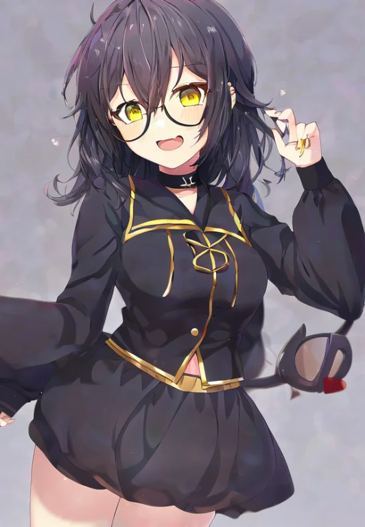 By Hanaarare, 1girl, Black Hair, Yellow Eyes, Glasses, Skirt...