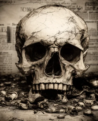 Horror Movie Cinematic. A Skull Sitting On An Old Wooden Tab... — Stable Diffusion AI Prompt: horror movie cinematic. a skull sitting on an old wooden table, undead, hell, de...