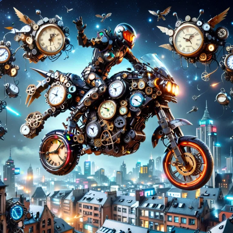 A Sport Motorcycle Made Of Clocks And Metal, Jumping Middle...