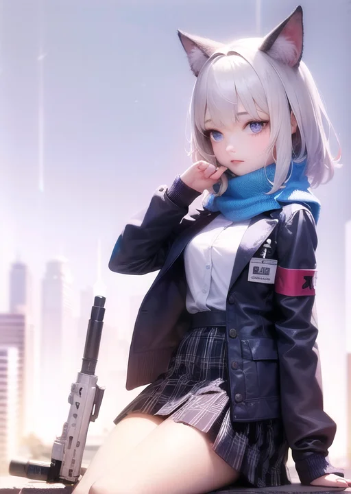 1girl, Portrait, Sag556, Gun, White Hair, Cross Hairpin, Sil...