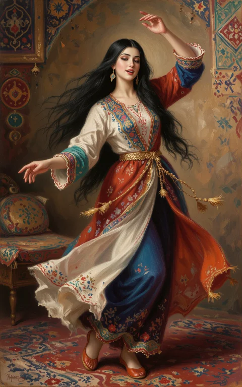 A Persian Oil Painting Depicting A Demure Woman Of Ethereal...