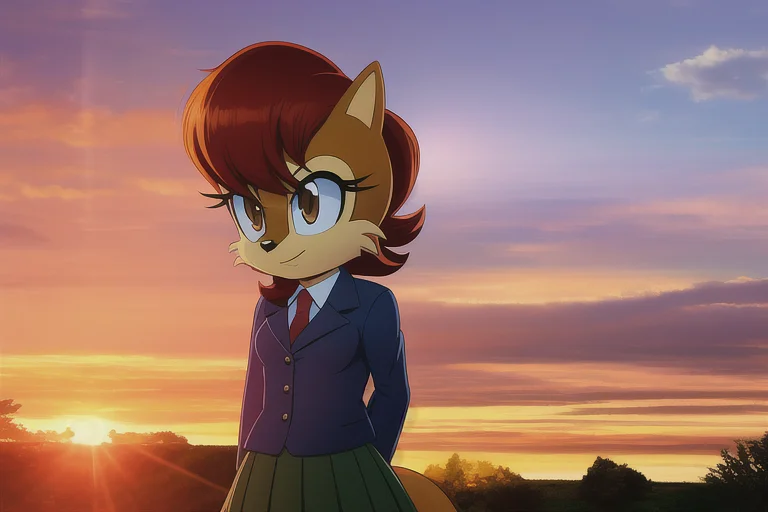 Sally Acorn, 1girl, Solo, Tree, Sky, Outdoors, Skirt, Cloud,...