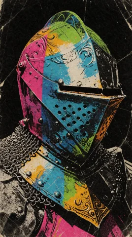 A Detailed Knights Helmet With Ornate Carvings, A Narrow Eye... — Stable Diffusion AI Prompt: A detailed knight's helmet with ornate carvings, a narrow eye slit, and visible...