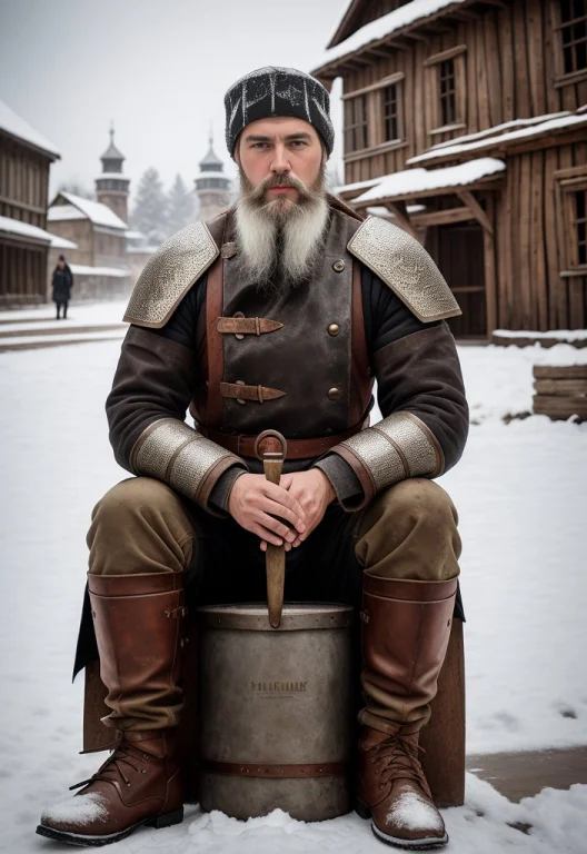 Slavic Man, Full Body, Old Shabby1.3 Leather Armor, Beard, H...