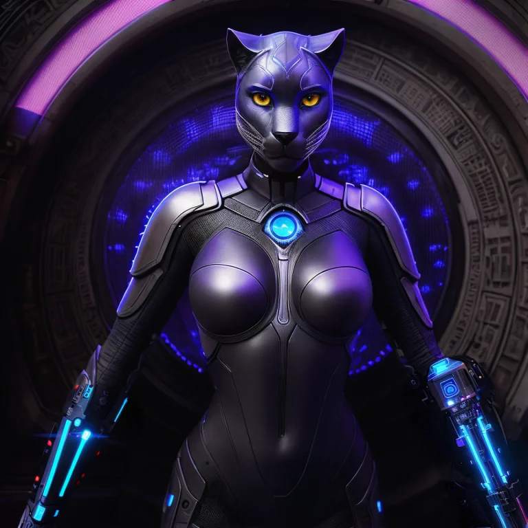Anthropomorphic Female Cybernetic Panther, Backlit, Ancient...