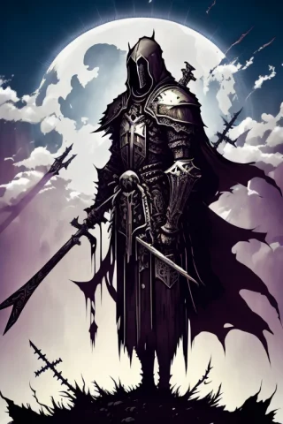 1boy, Knight, Death Knight, Armor, Crosses, Broken Lines, Fu... — Stable Diffusion AI Prompt: 1boy, knight, death knight, armor, crosses, broken lines, full_moon, long_hair,...