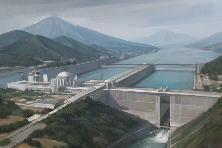 A Painting Of A Large Dam With A Body Of Water In The Backgr...