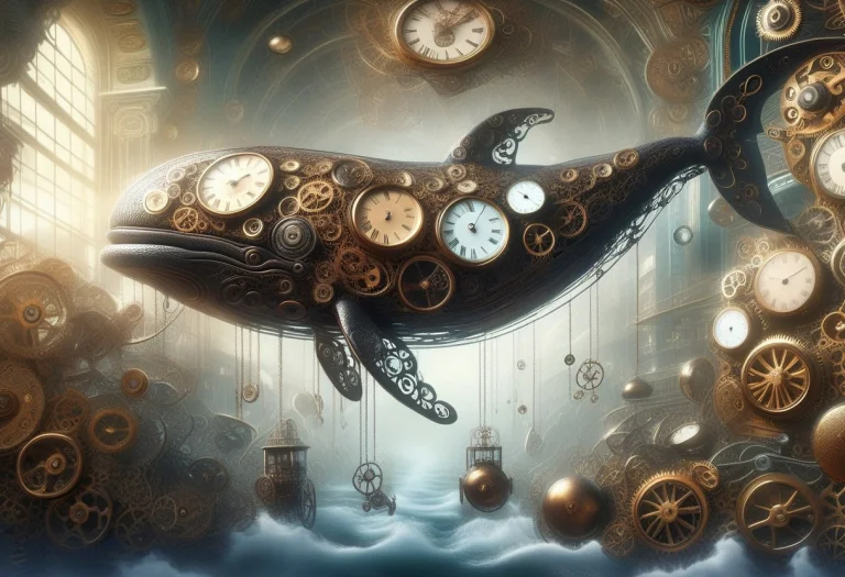 A Gigantic Flying Clockwork Whale Drifting Above A Victorian...