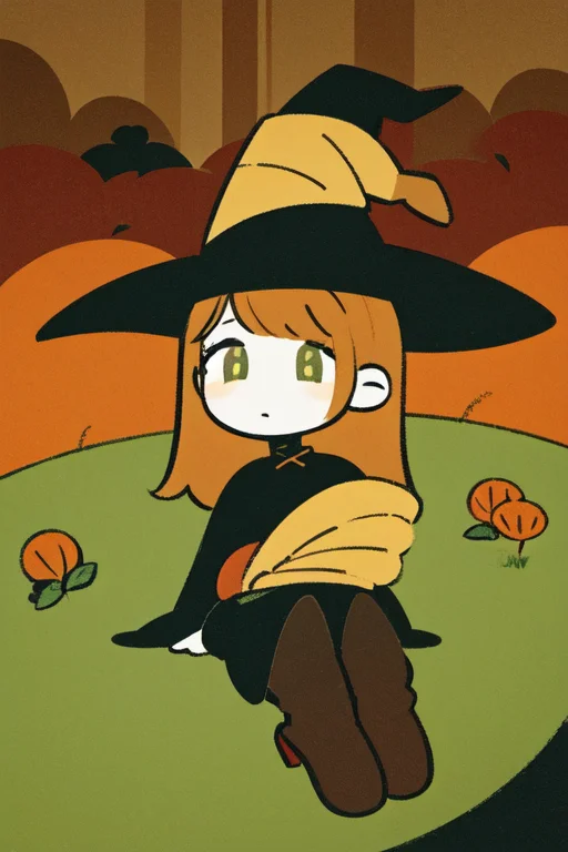 1girl, Forest, Witch Hat, Autumn, Flat Color, Leaves, Calm F...