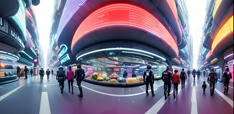 Panoramic Photo Of A Wide Futurist Scifi Cyberpunk Shopping...