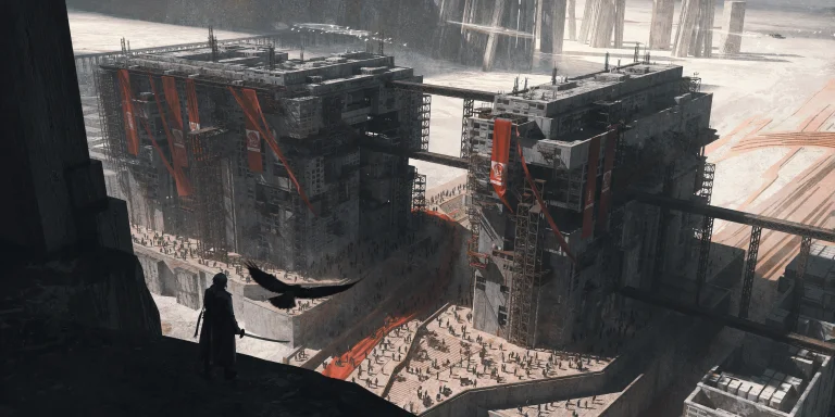A Wide Science-fiction Vista Looks Down From A High Dark Led...