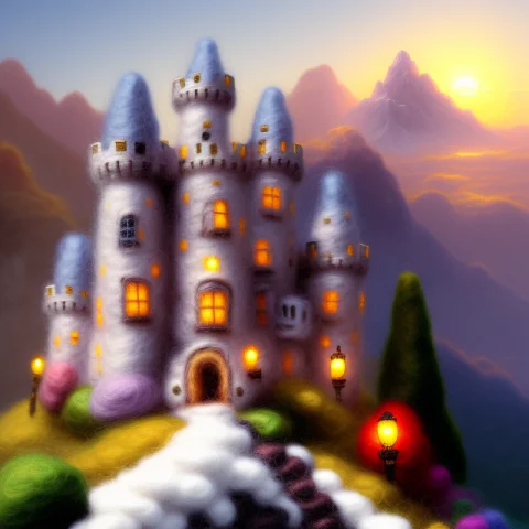Miniwool Style Of A Castle On A Mountain, By Thomas Kinkade,... — Stable Diffusion AI Prompt: miniwool style of a castle on a mountain, by thomas kinkade, trending on artstat...