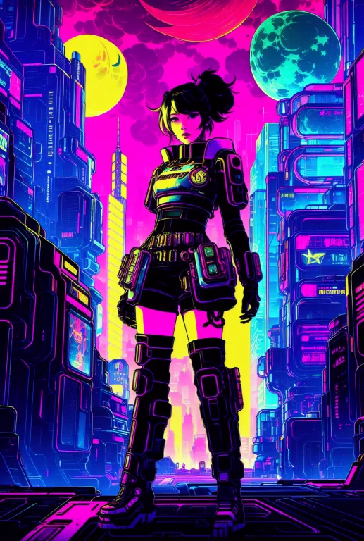 Cute Girl. Cyberpunk Themed. Magical Art. High Contrast. Sil...