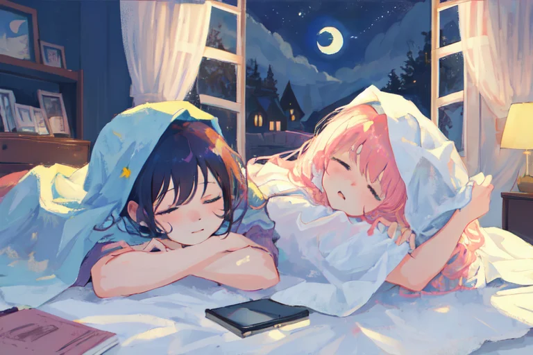 2girls, Detailed Face, Lying, Blanket, Sleeping, Night, Moon...