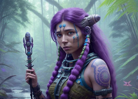 Beautiful Native Girl With A Spear, Purple Long Hair, Tattoo... — Stable Diffusion AI Prompt: beautiful native girl with a spear, purple long hair, tattoo, electronic rifle,...
