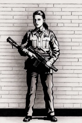 Therpgchargenesafart 1girl Holding A Gun In A Uniform In Fro... — Stable Diffusion AI Prompt: TheRPGCharGenEsAFArt 1girl holding a gun in a uniform in front of a brick wall