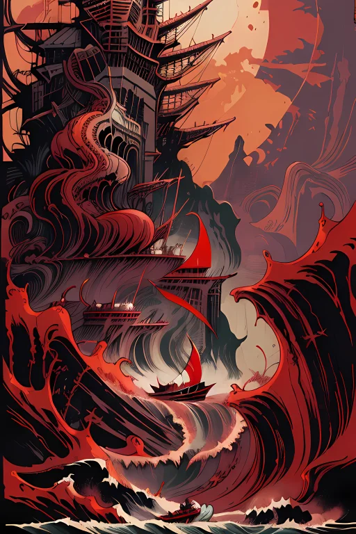 A Lonely Boat Floating In The Turbulent Red Ocean, Tsunami,...