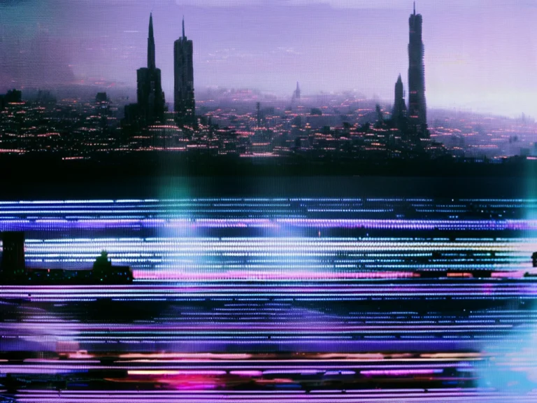 Cinematic Movie Still Of An Epic Scene Of A Glitch Big City...