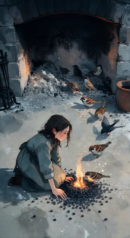 , A Girl Kneels At The Edge Of A Cold Hearth Whose Floor Has...