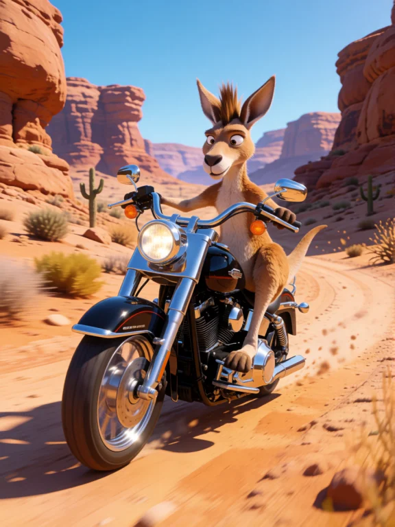 A Kangaroo With A Mohawk Hairstyle, Riding A Harley Davidson...