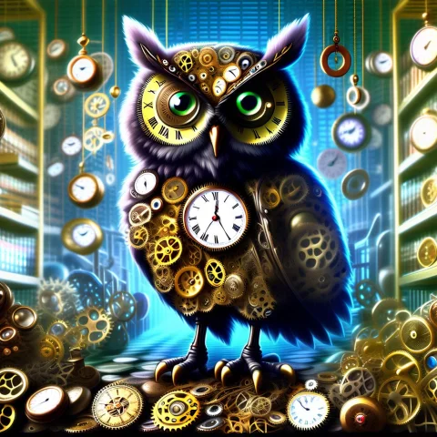 A Stern Victorian Clockwork Owl Librarian Guarding A Tower O... — SDXL AI Prompt: A stern Victorian clockwork owl librarian guarding a tower of antique pocket wat...