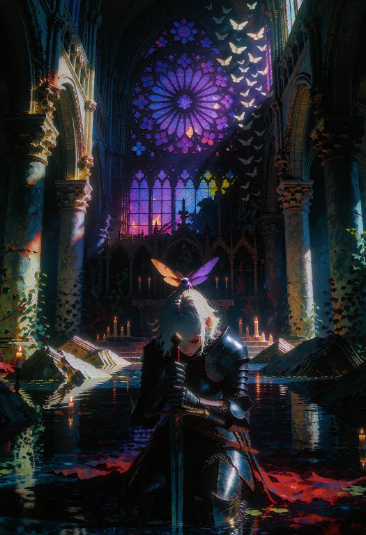 A Somber Dark Fantasy Oil Painting Of A Woman Knight Kneelin...