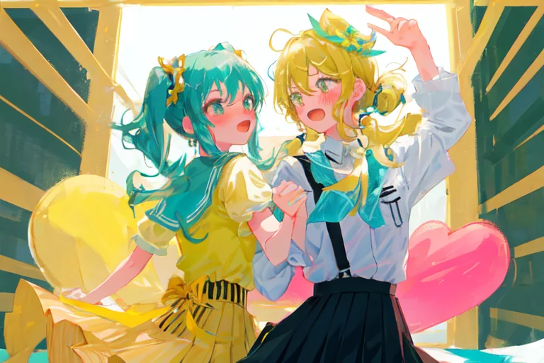 2girls, Dancing, Idol, Dancing Clothes, Skirt, Yellow, Teal,...