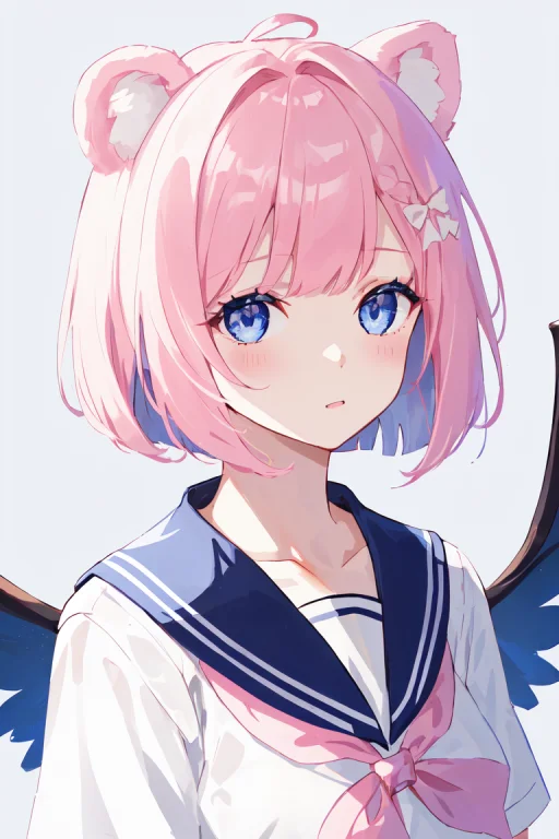 1girl, Solo, Pink Hair, Animal Ears, Blue Eyes, Wings, Looki...