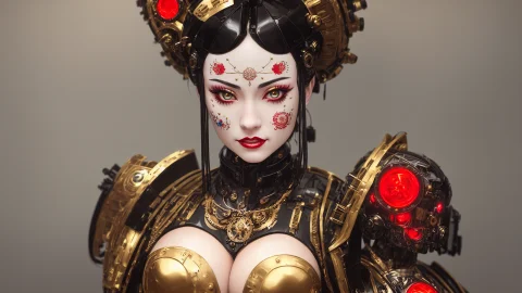 Huge Breasted Steampunk Clockwork Robot Female American Geis... — Stable Diffusion AI Prompt: huge breasted steampunk clockwork robot female american geisha with wearing a la...