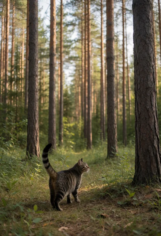 A Tabby Cat Walking In The North Woods, Tall Pine Trees All...