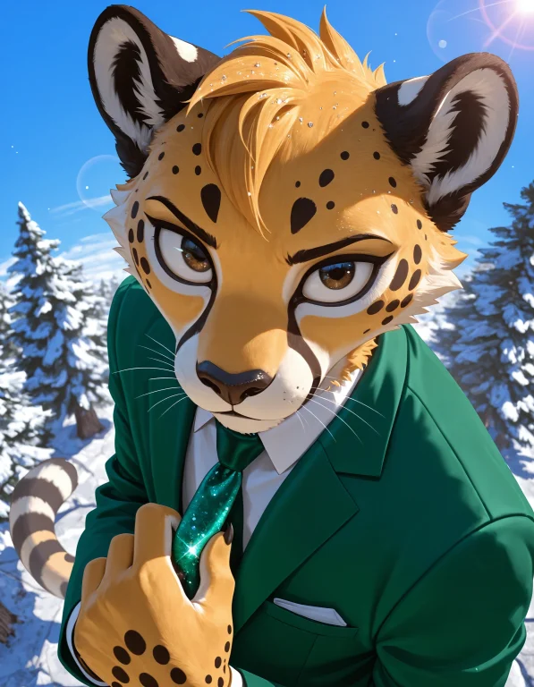 1boy, Furry Anthro Cheetah Man, Adjusting Tie, Looking At Vi...