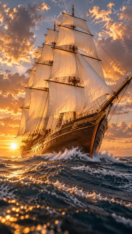 A Low-angle Photograph Of A Multi-masted Clipper Ship Naviga...