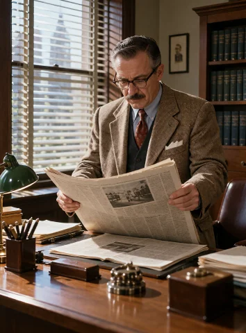 Lorakrea50s1a Detective In His Office Reading The Newspaper... — Stable Diffusion AI Prompt: A detective in his office reading the newspaper nearby the window with venetian...