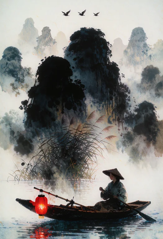 A Meditative Ink Wash Painting Of A Woman In A Small Boat Dr...