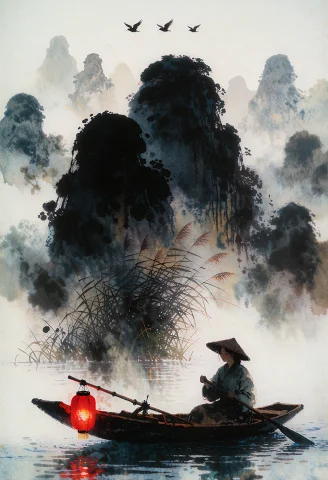 A Meditative Ink Wash Painting Of A Woman In A Small Boat Dr... — Stable Diffusion AI Prompt: A meditative ink wash painting of a woman in a small boat drifting between misty...